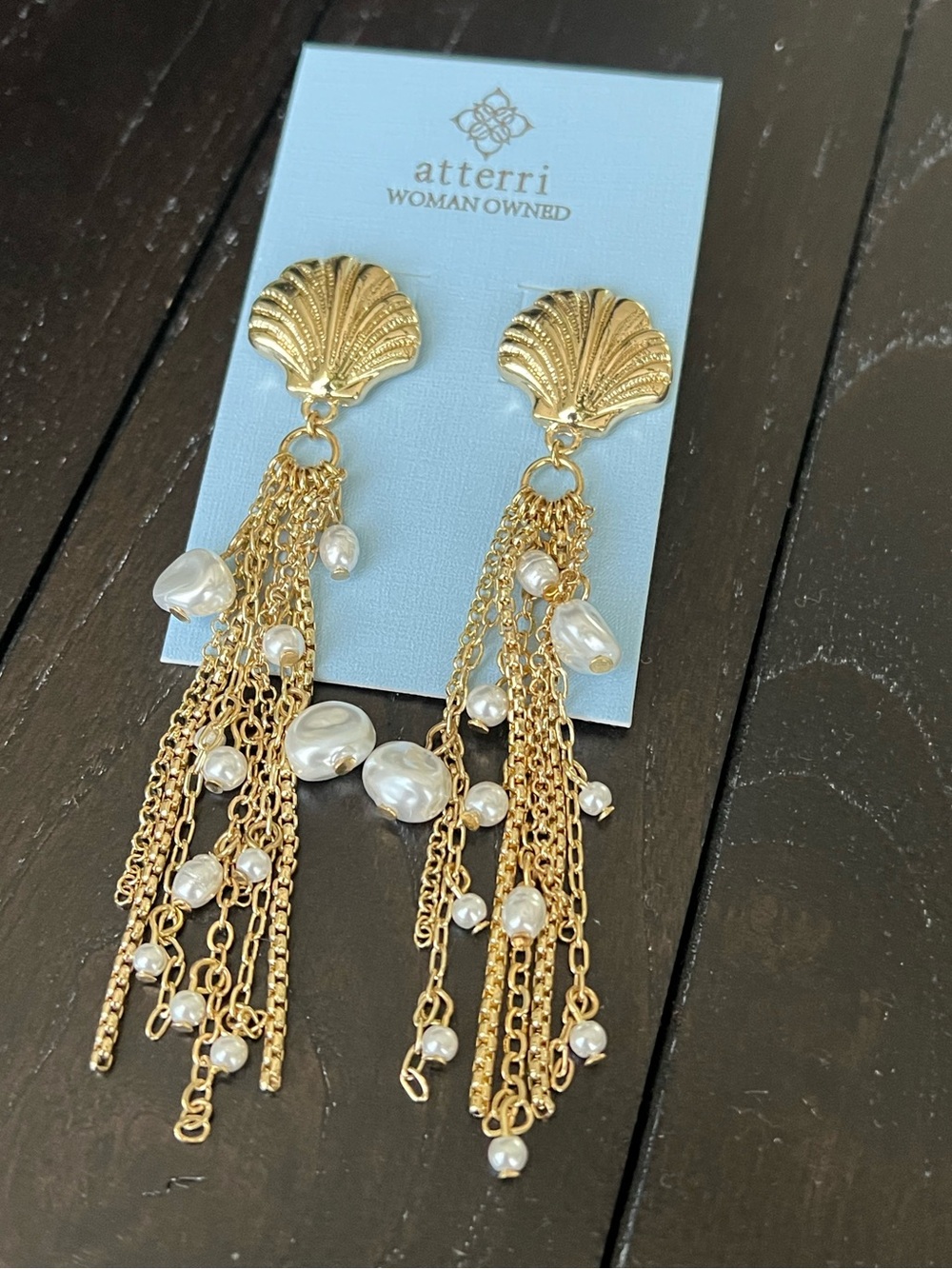 Atterri Gold Shell Tassel Earrings with Pearl Accents